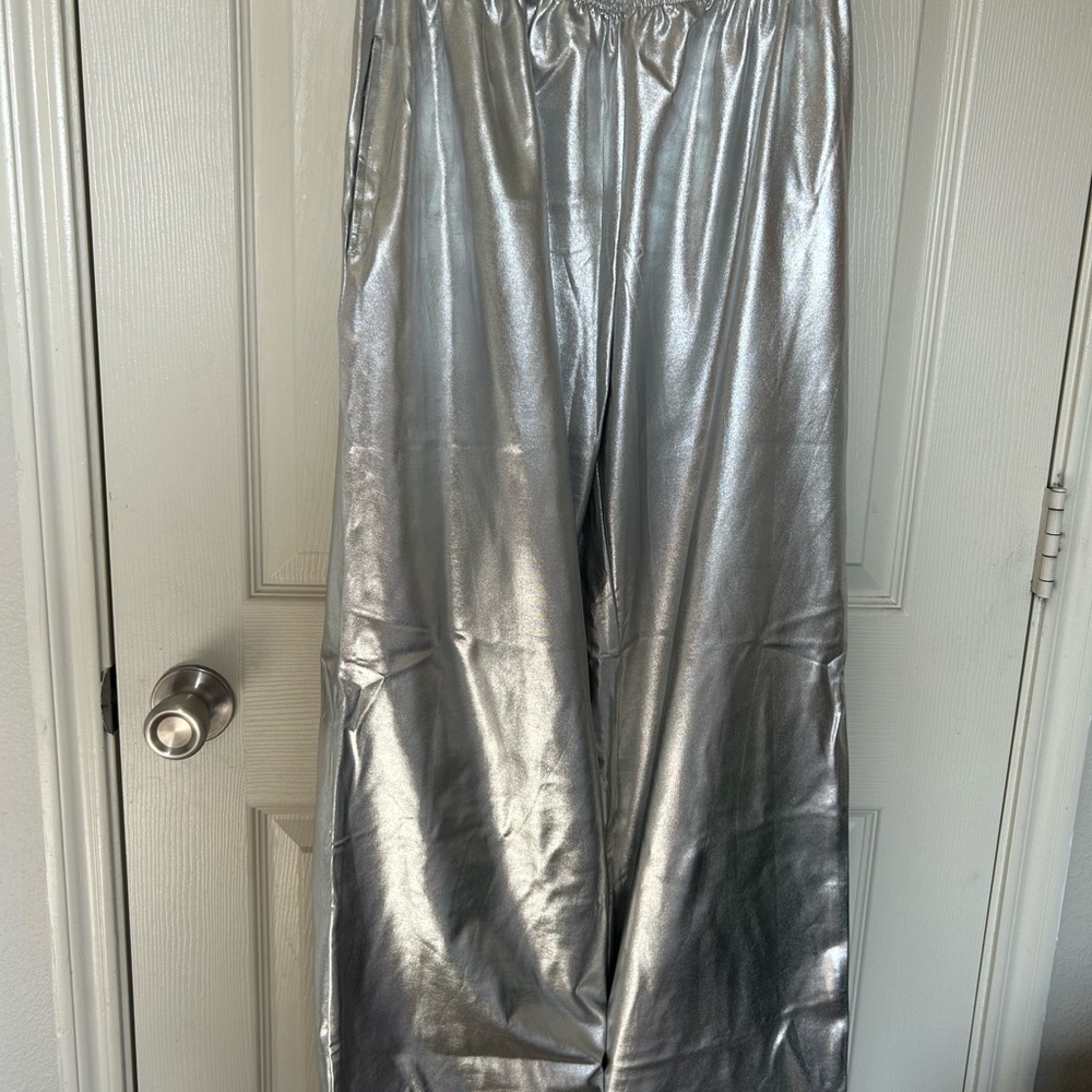 Shiny Silver Wide-Leg Pants